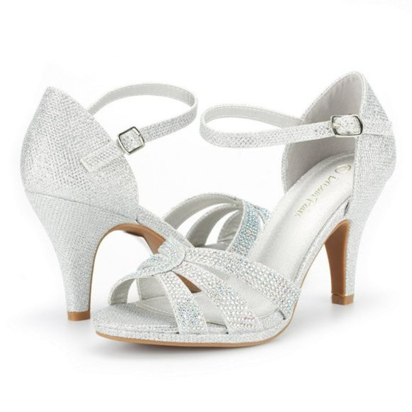 Women's Ankle Strap Stolettos Low Heel Sandals Open Toe Dress Shoes-silver - Picture 1 of 5